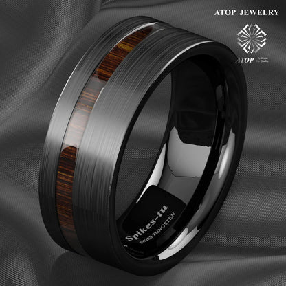 8mm Black Brushed Tungsten Carbide Ring with Koa Wood Inset - Waterproof & Fade - Resistant - Zyolly