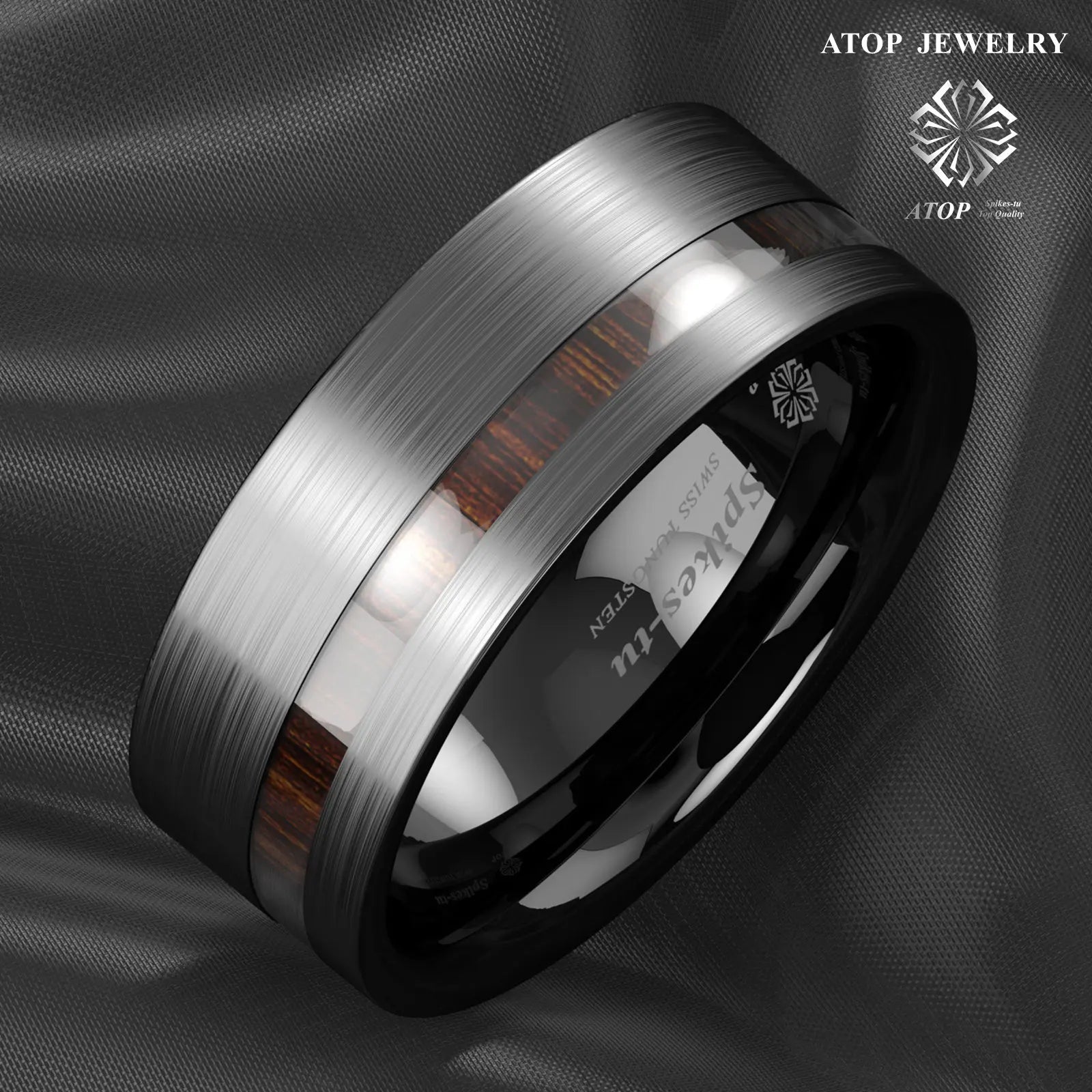 8mm Black Brushed Tungsten Carbide Ring with Koa Wood Inset - Waterproof & Fade - Resistant - Zyolly