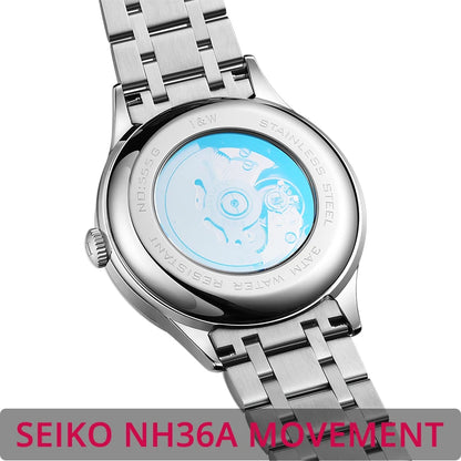 a silver watch with a blue face on a white background