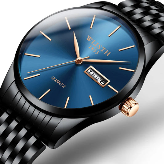 a watch with a blue face and gold hands
