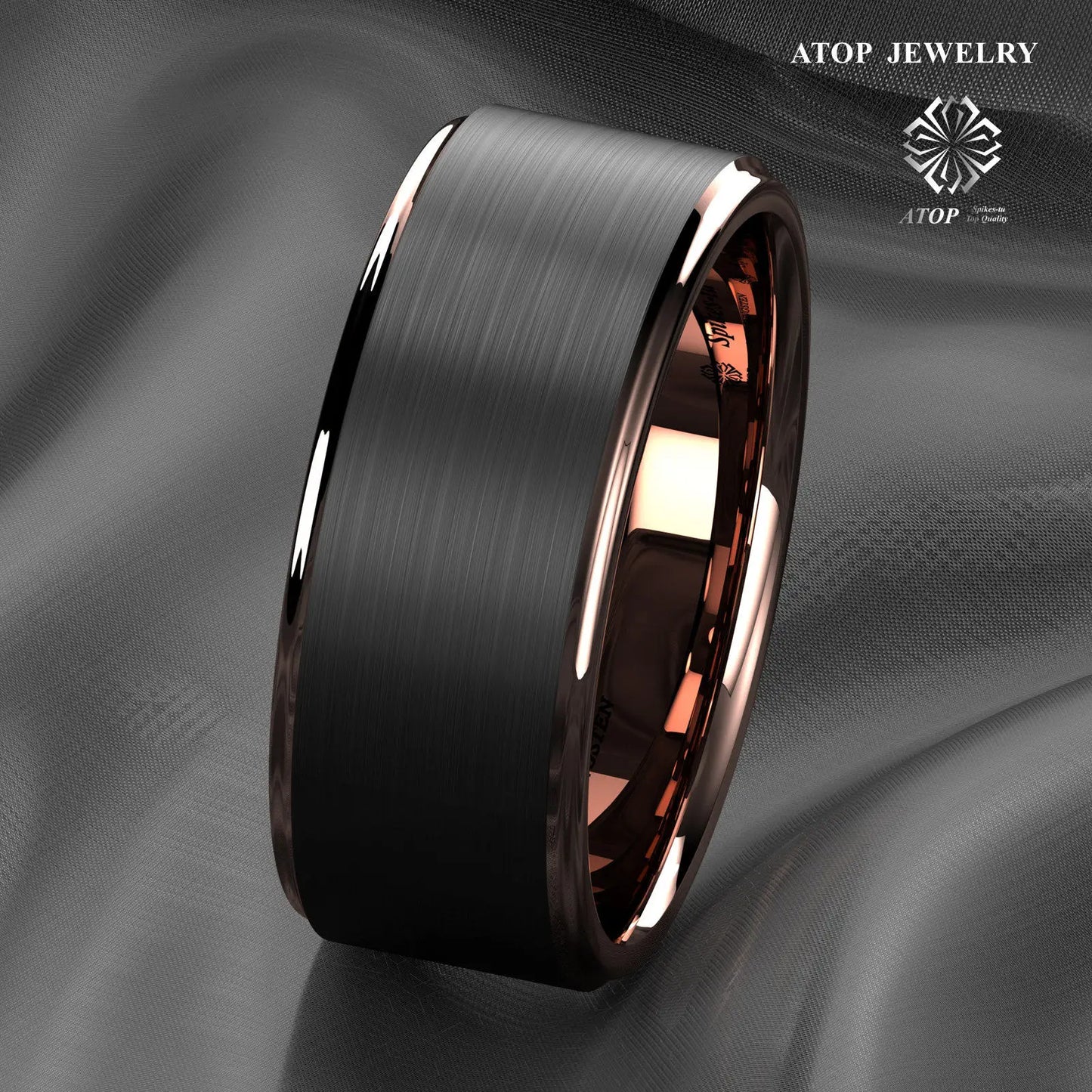 a wedding band with a black and rose gold center