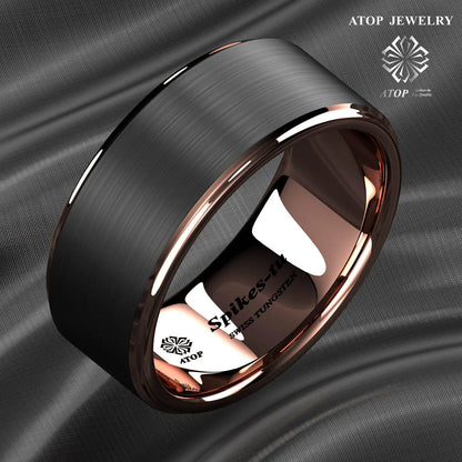 a black and rose gold wedding band with a brushed finish
