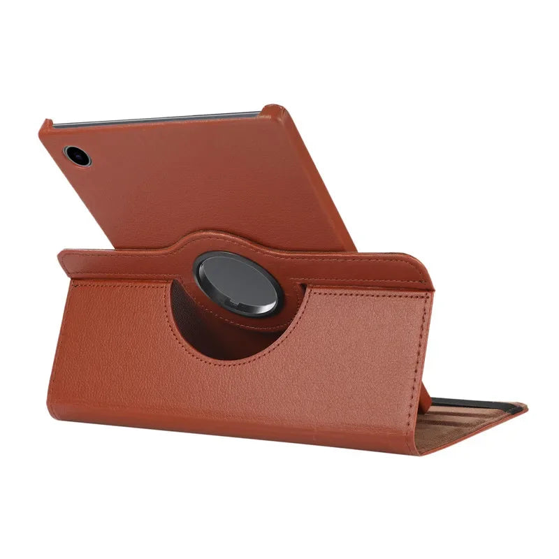 a brown ipad case with a rotating stand